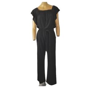 Calvin Klein Womens Square Neck Jumpsuit Size XS Slinky Stretch Black Wide Leg